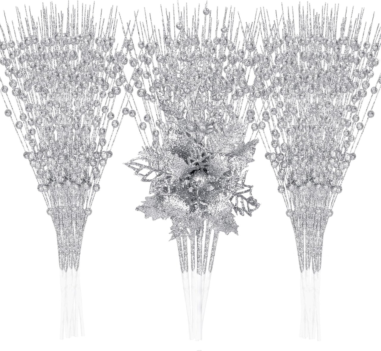 Pack Artificial Glitter Berry and Flowers Stem (Silver)